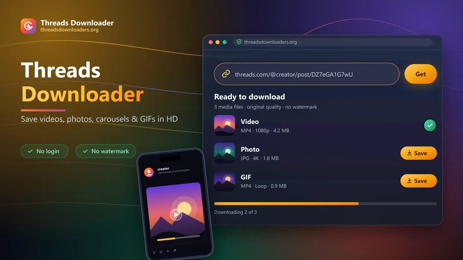 Threads Downloader interface with a pasted post link and three ready media files to save