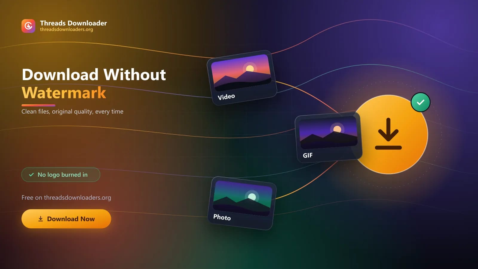 Video, photo and GIF tiles flowing into a glowing download button with no watermark