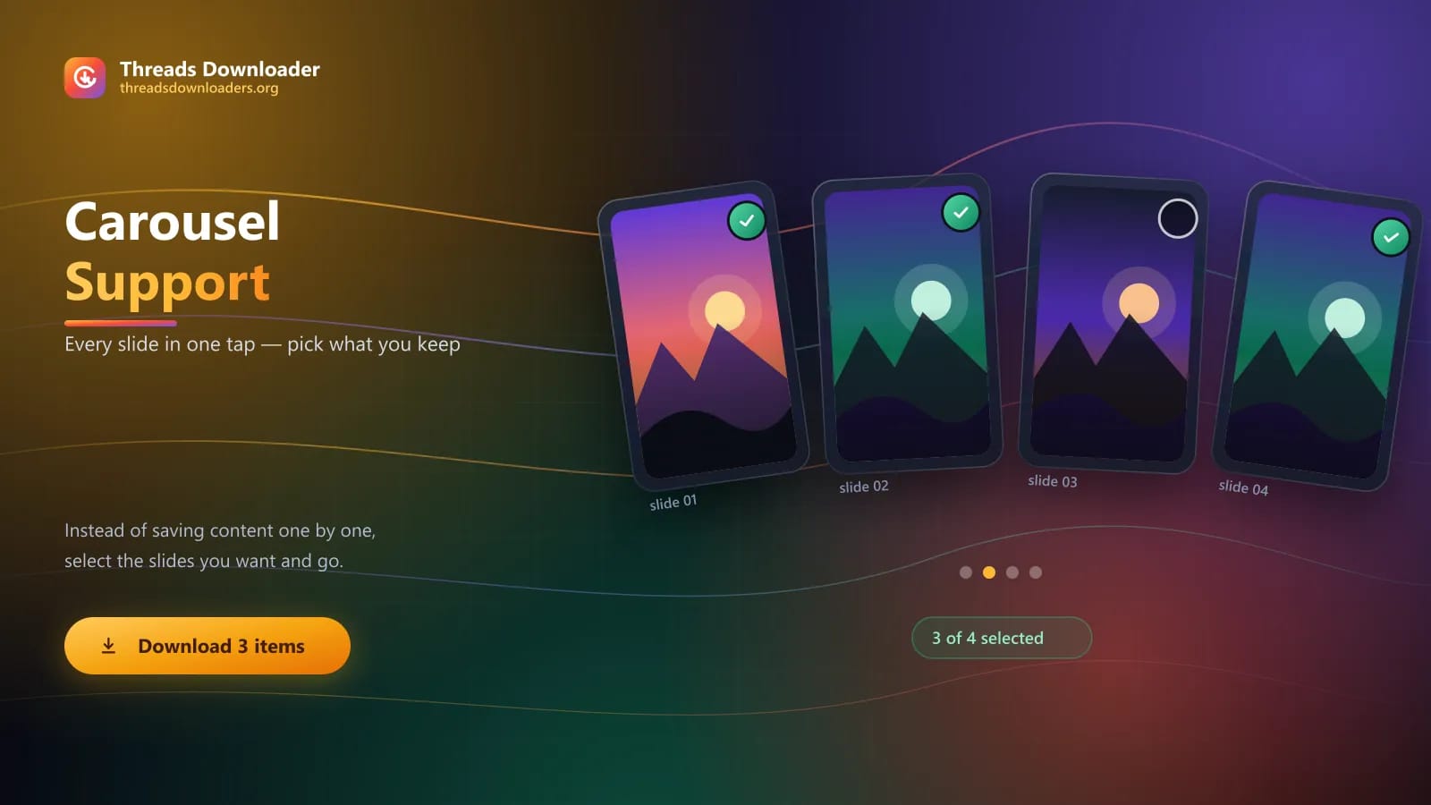 Four carousel slides side by side with three selected for a single-tap download