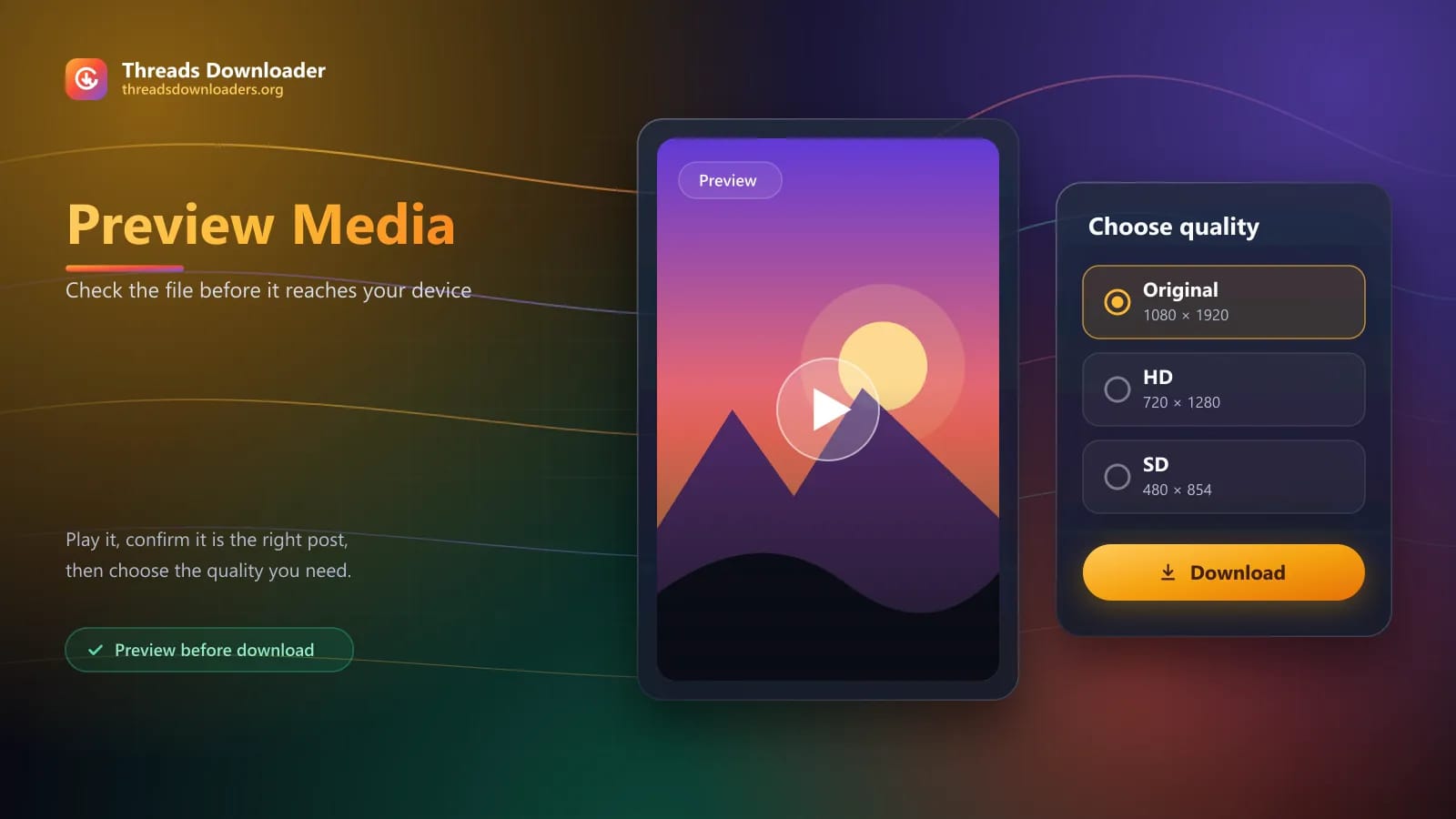 Media preview beside a quality picker offering original, HD and SD downloads